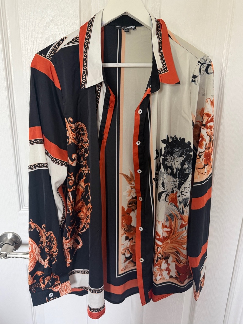 Fashion Nova Night After Work Satin Printed Shirt